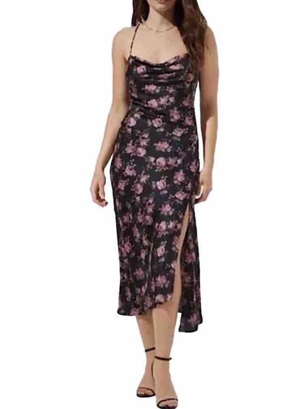 ASTR The Label Gaia Floral Midi Dress Open Tie Back Cowl Neck Slit Size M